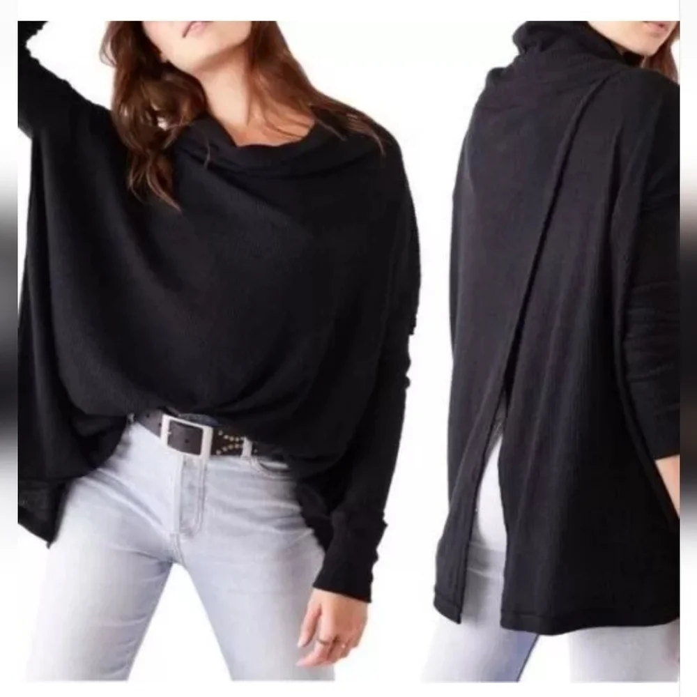 Free People We The Free Juicy Ribbed Cowl Neck Oversized Top Black S NWT